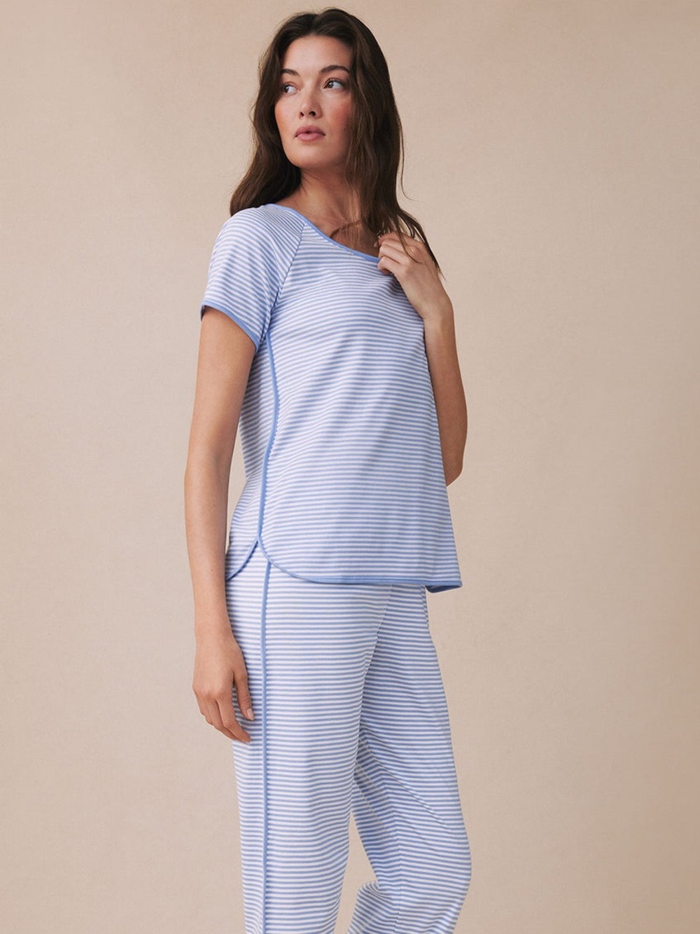 LAKE Pajamas Pima Cotton Top Hydrangea Blue Stripe Size XL